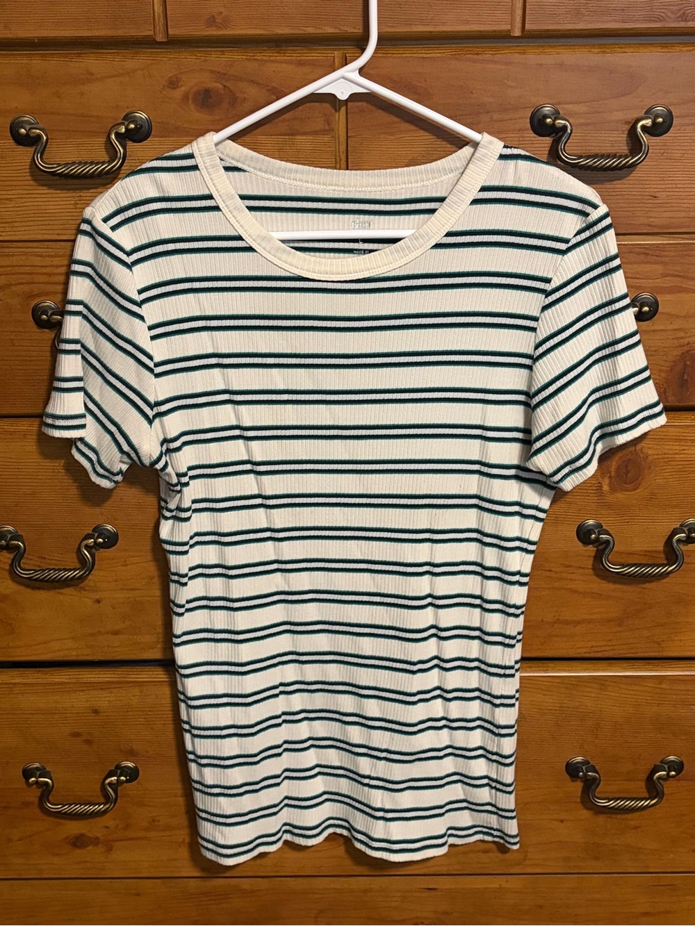 dip White Crewneck Tee with Dark Green Stripes